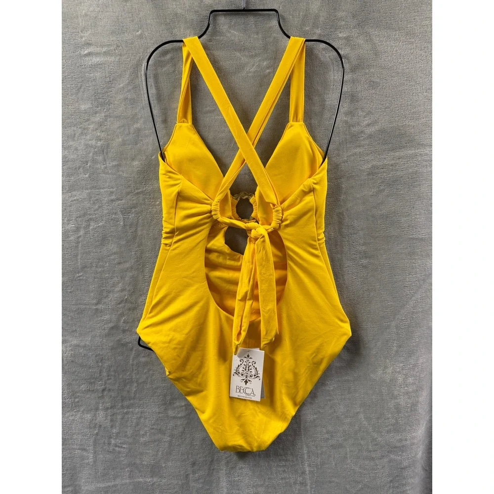 Becca Yellow Beaded Ring One Piece Swimsuit Plunge V-Neck Cross Back Cutout  L